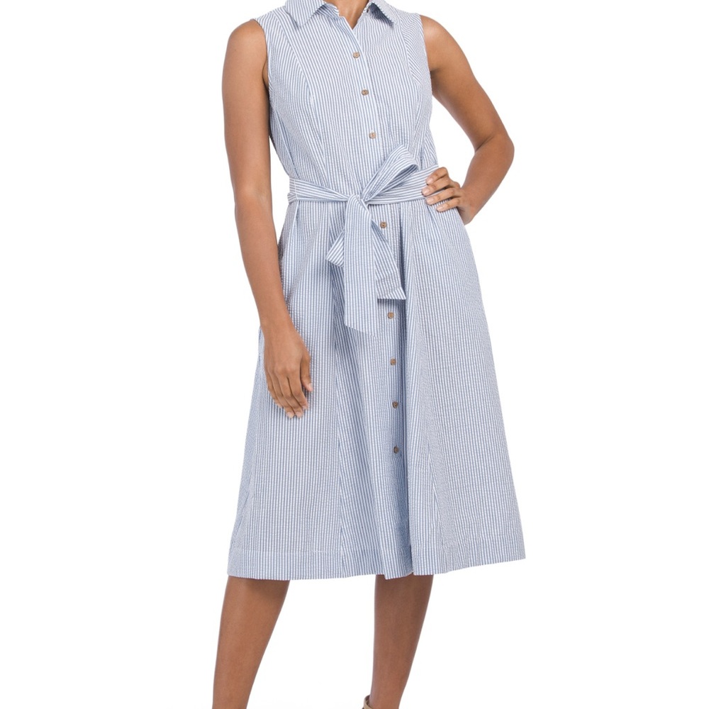 Anne Klein Diane Seersucker Blue Striped Midi Shirt Dress